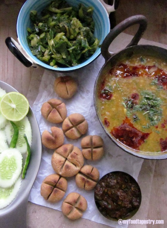 Rajasthani Special - Daal Baati,  Spring Onion Stir fry and Garlic Red chili Mint chutney